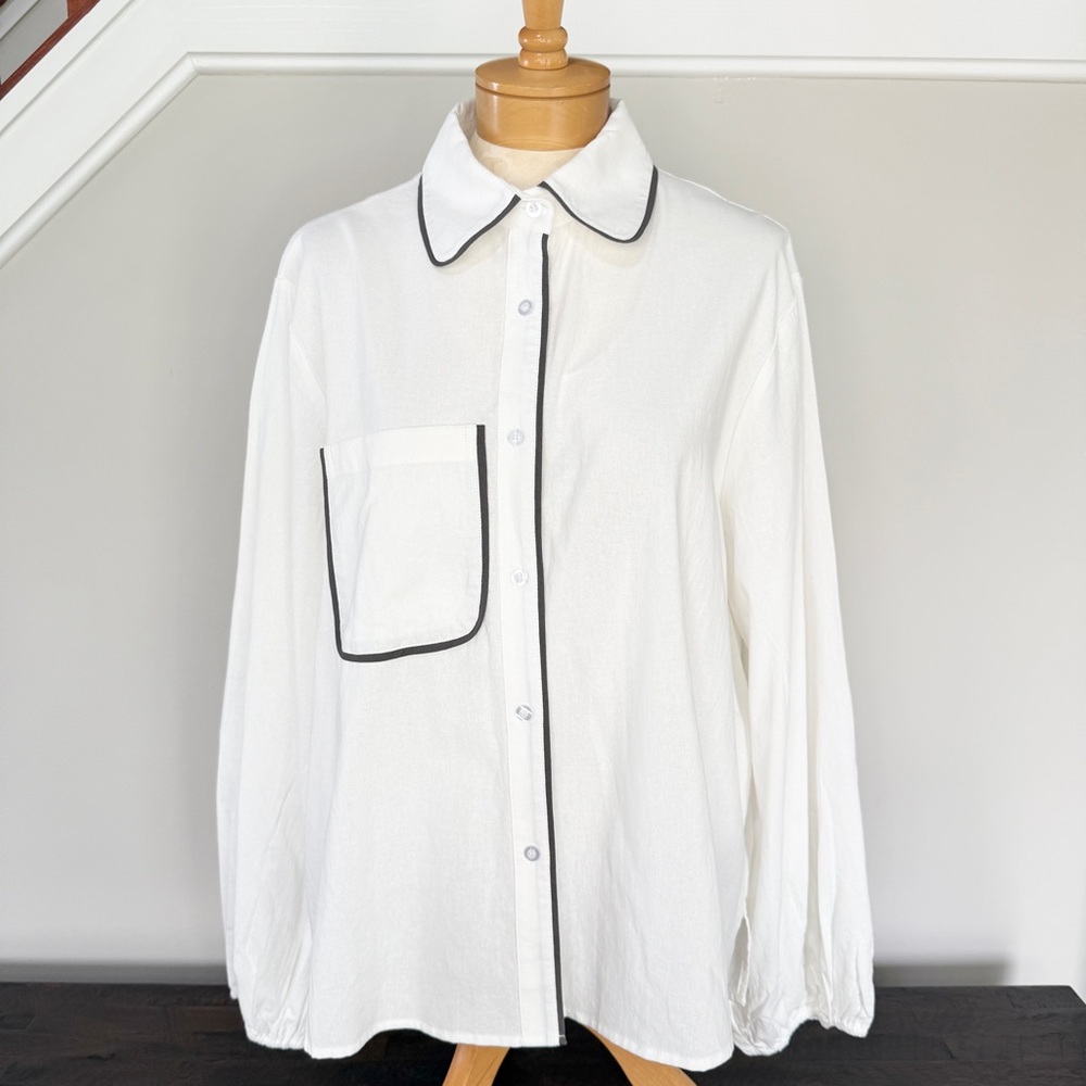 Commense NWT Women’s White Blouse with Dark Contrast Trim Cotton & Linen XL